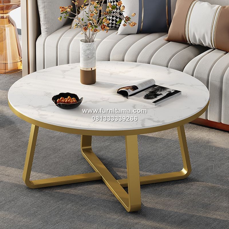 Coffee Table Bundar Kaki Besi Top Marmer