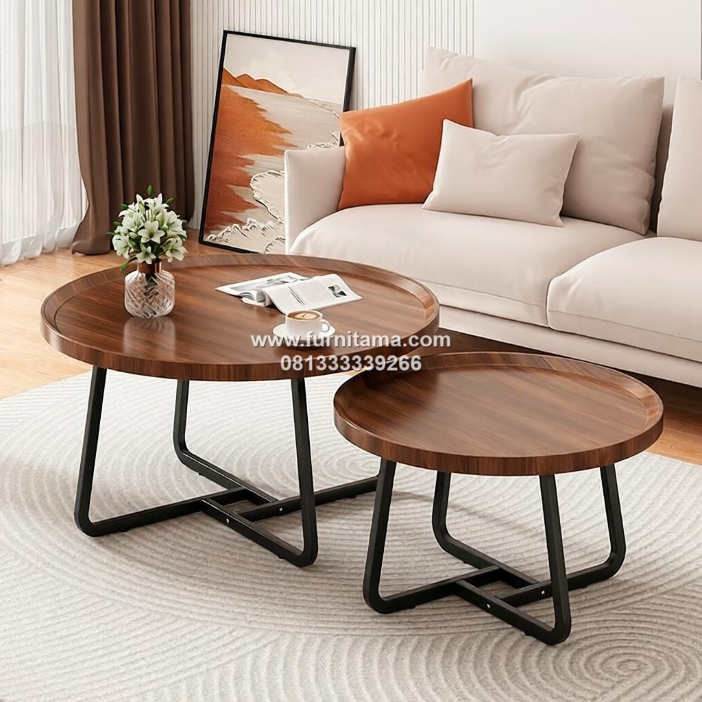 Coffee Table Kayu Jati Model Bundar Kaki Besi