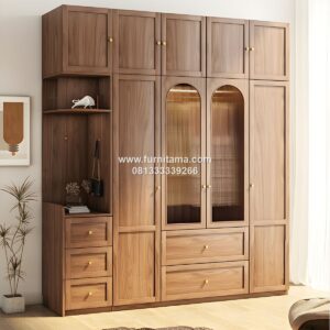Lemari Baju Gantung Kayu Warna Natural Dengan Laci