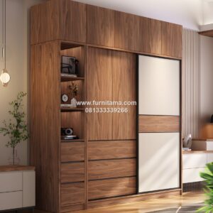 Lemari Baju Minimalis Pintu Sliding Dengan 3 Laci Penyimpanan