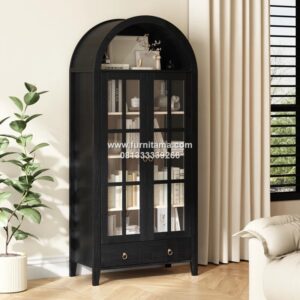 Lemari Hias Jati Minimalis 2 Pintu Kaca Warna Hitam