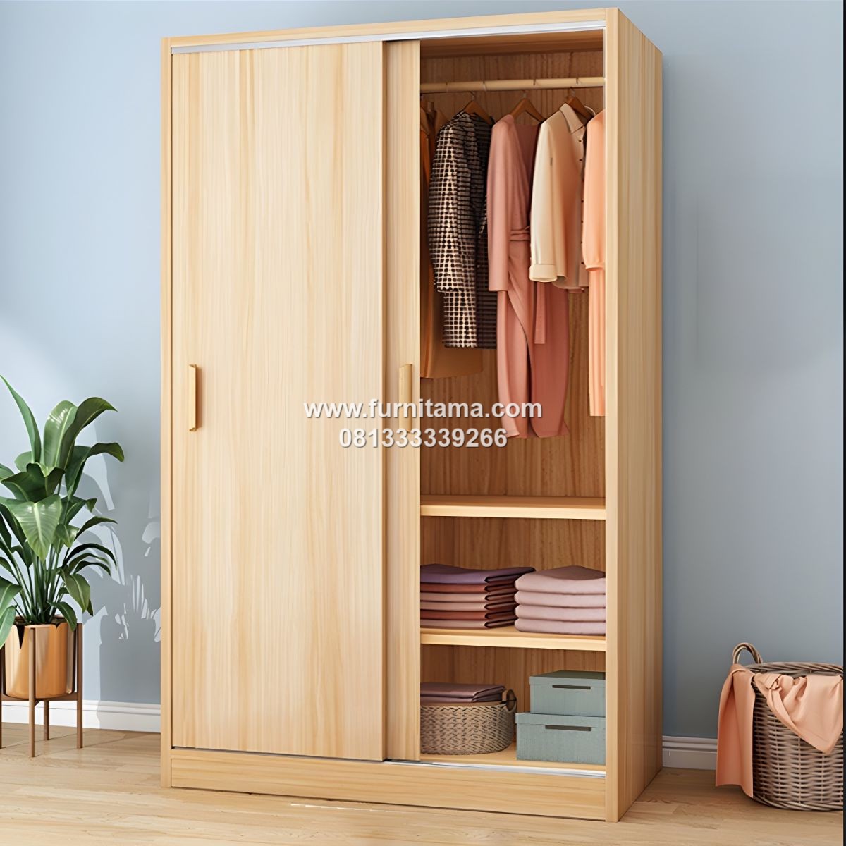 Lemari Pakaian Kayu Pintu Geser Modern dengan Gantungan Pakaian Lemari Pakaian Kayu Pintu Geser Modern dengan Gantungan Pakaian