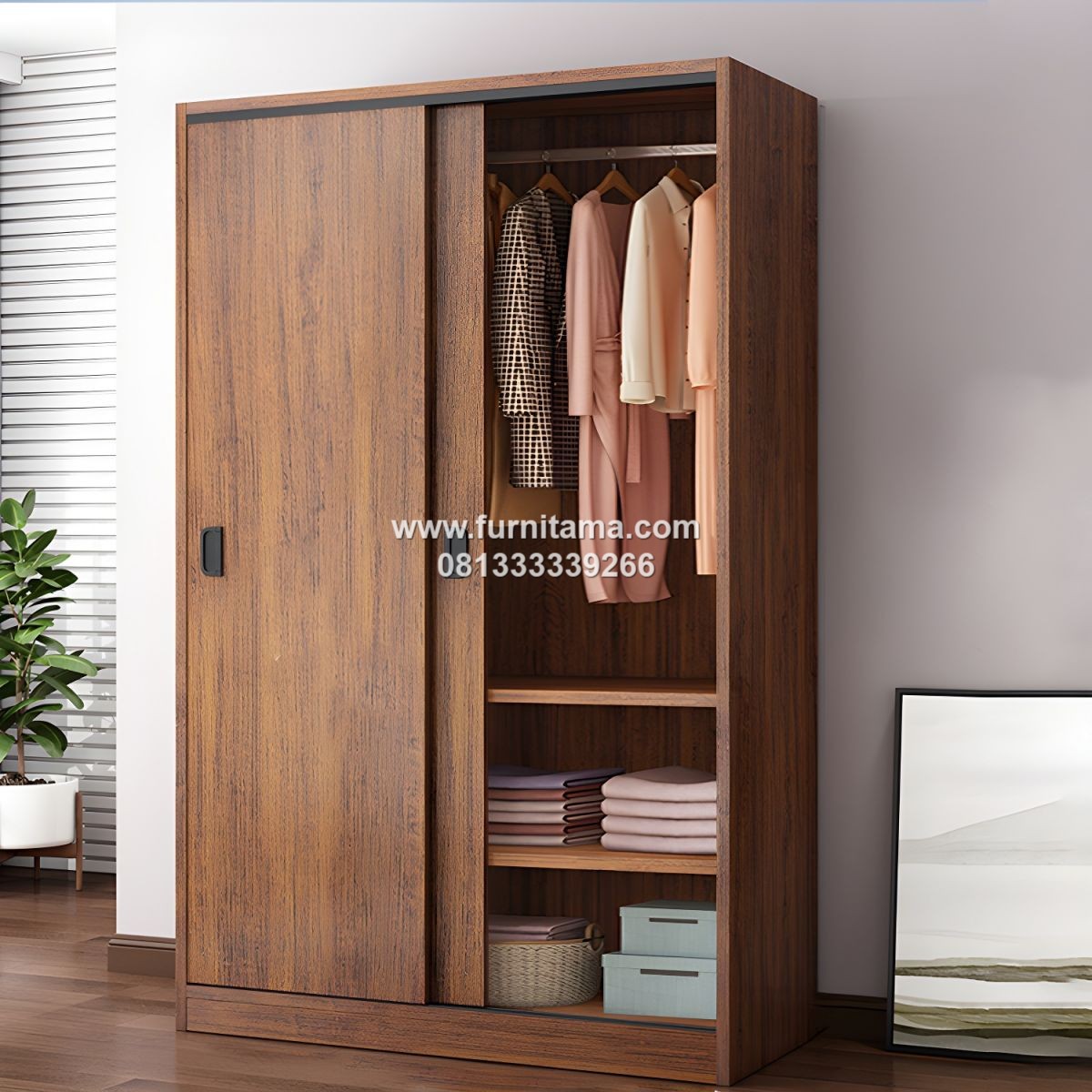 Lemari Pakaian Kayu Pintu Geser Modern dengan Gantungan Pakaian