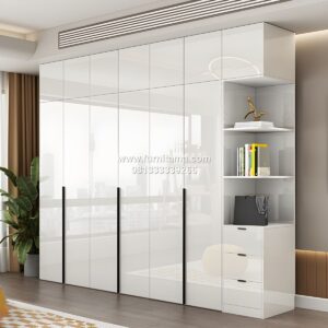 Lemari Pakaian Minimalis Modern 6 Pintu Dengan Rak Warna Putih