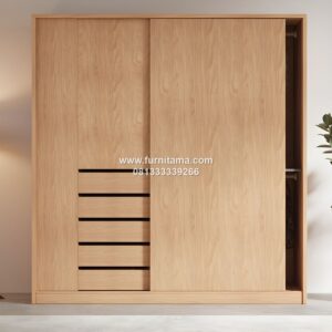 Lemari Pakaian Pintu Sliding Minimalis Modern Dengan 5 Laci