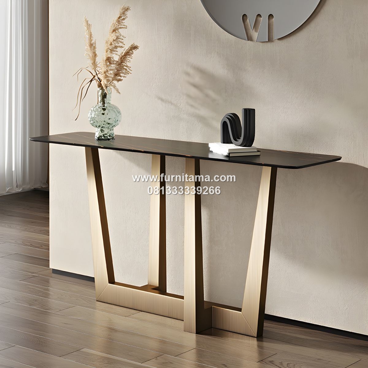 Meja Console Table Kaki Stainle Top Marmer Hitam