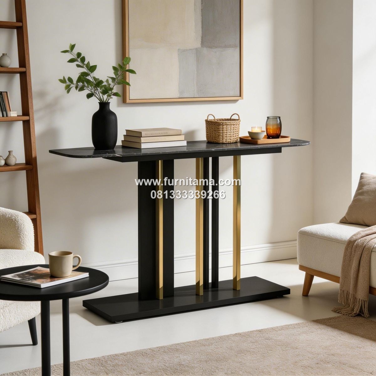Meja Konsol Besi Hitam Modern dengan Top Marmer 2 Meja Konsol Besi Hitam Modern dengan Top Marmer