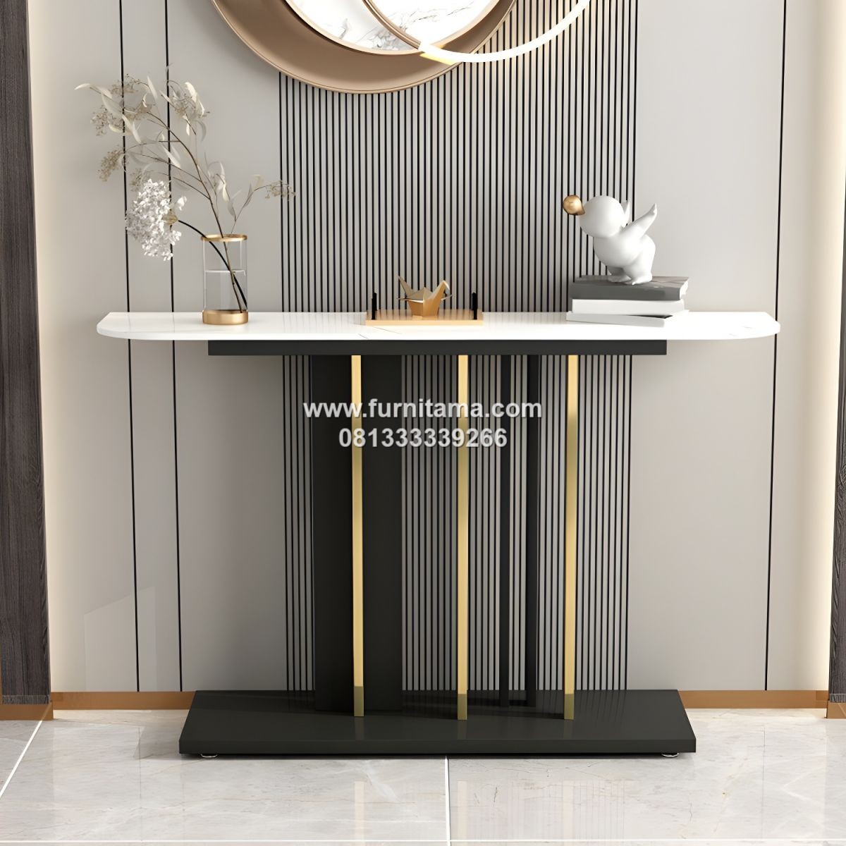 Meja Konsol Besi Hitam Modern dengan Top Marmer
