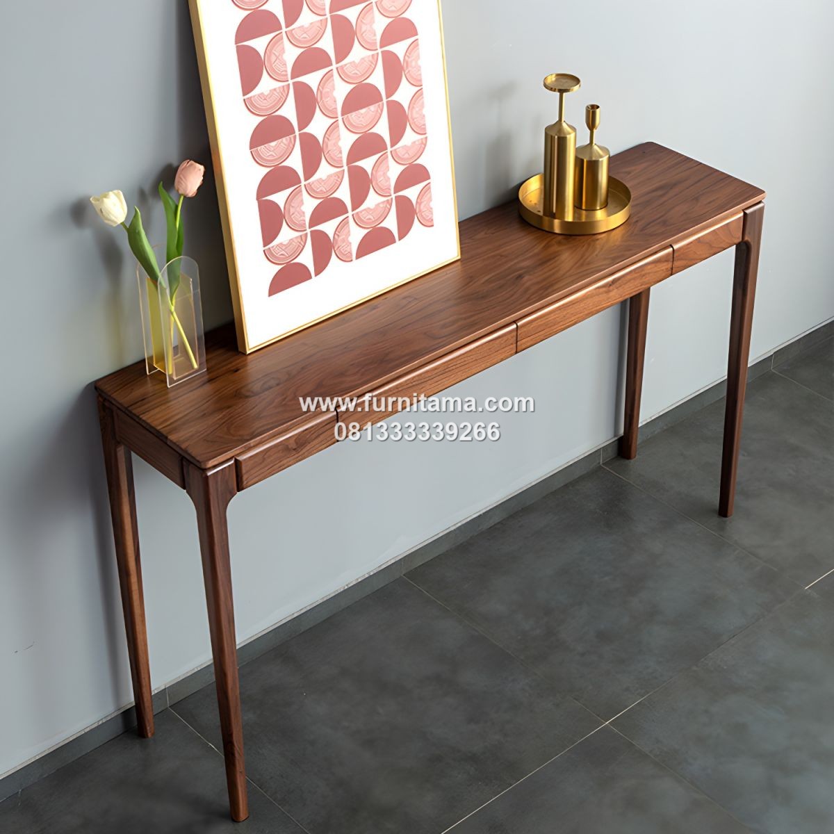 Meja Konsol Gaya Mid-Century Modern dengan 2 Laci 1 Meja Konsol Gaya Mid-Century Modern dengan 2 Laci