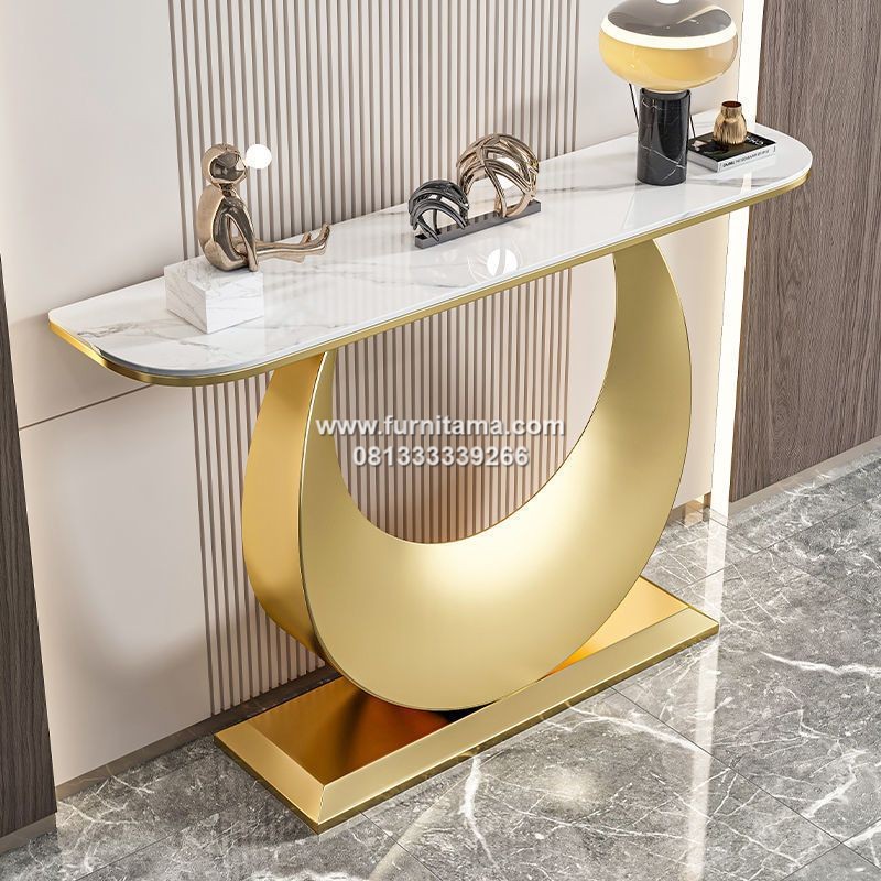 Meja Konsol Stainless Bentuk Bulan Top Marmer
