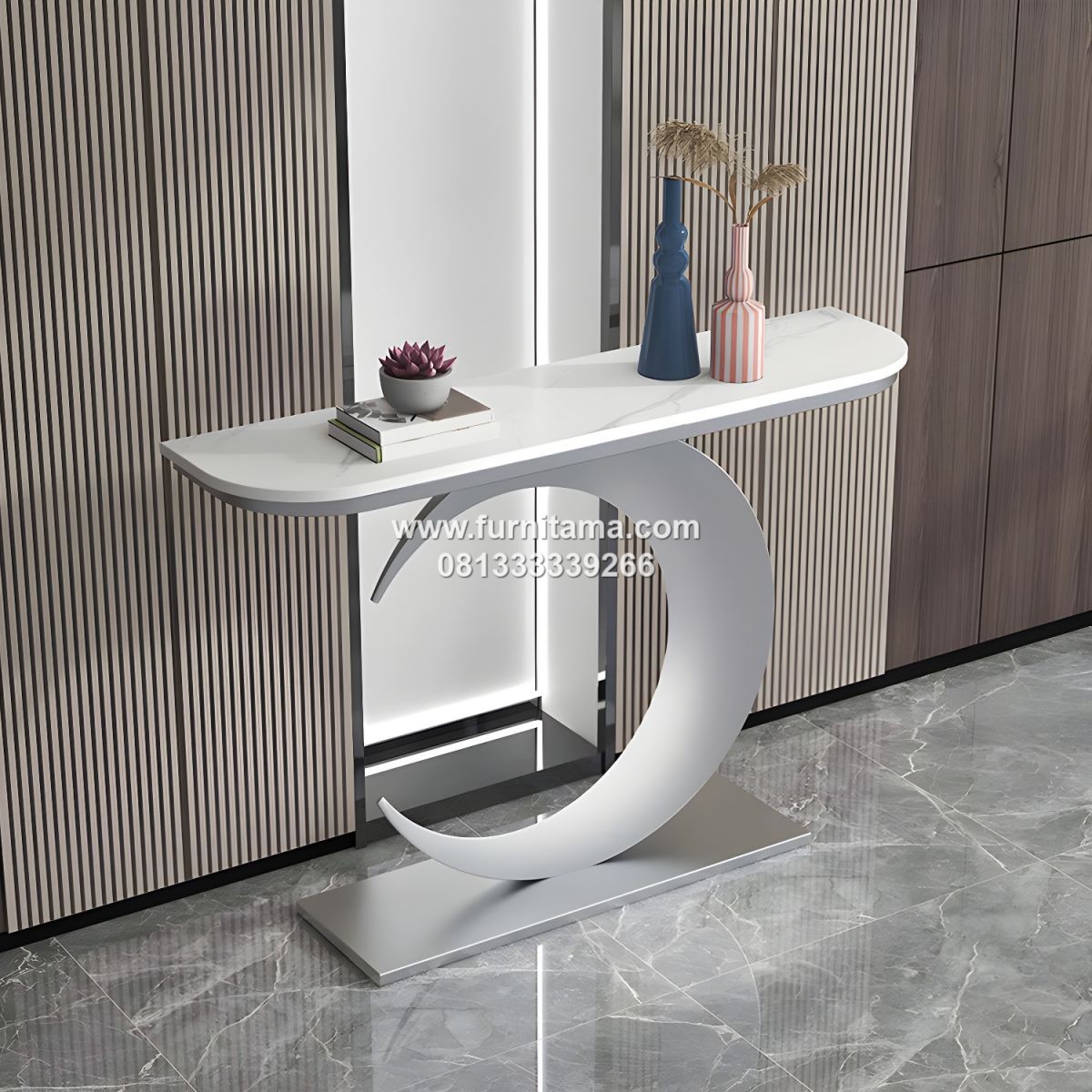 Meja Konsol Stainless Marmer Bentuk Bulan Sabit 2 Meja Konsol Stainless Marmer Bentuk Bulan Sabit