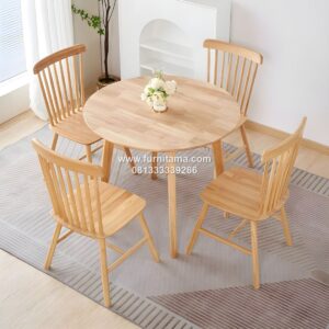 Meja Kursi Cafe Bundar 4 Kursi Kayu Jati Natural