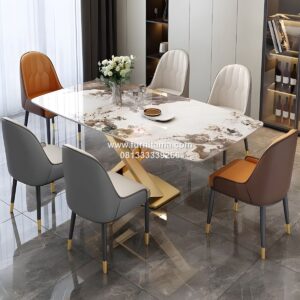 Meja Makan Marmer Import Italia Mewah Kaki Stainless 6 Kursi