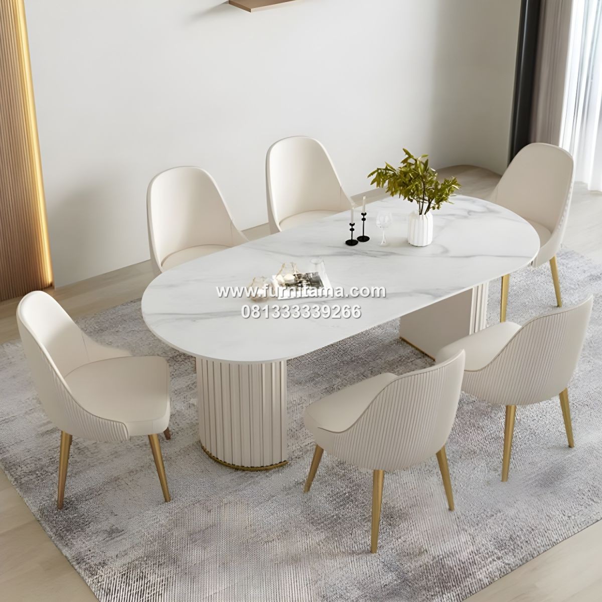 Meja Makan Marmer Oval Modern 6 Kursi Warna Putih Meja Makan Marmer Oval Modern 6 Kursi Warna Putih