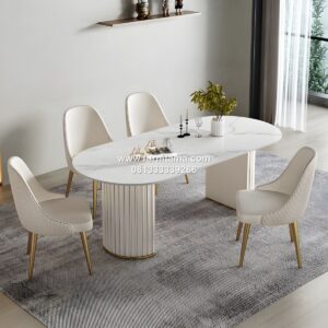 Meja Makan Marmer Oval Modern 6 Kursi Warna Putih