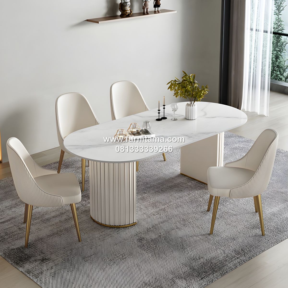 Meja Makan Marmer Oval Modern 6 Kursi Warna Putih