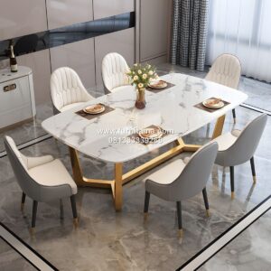 Meja Makan Marmer Putih Kaki Stainless 6 Kursi Mewah