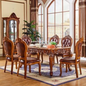 Meja Makan Ukir Mewah Dengan Marmer Modern