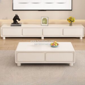 Rak TV Kayu Putih Minimalis dengan Laci dan Pengelola Kabel