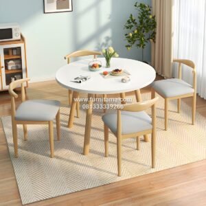 Set Meja Makan Cafe Bundar Kayu Jati 4 Kursi