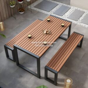 Set Meja Makan Kayu Persegi Panjang Industrial