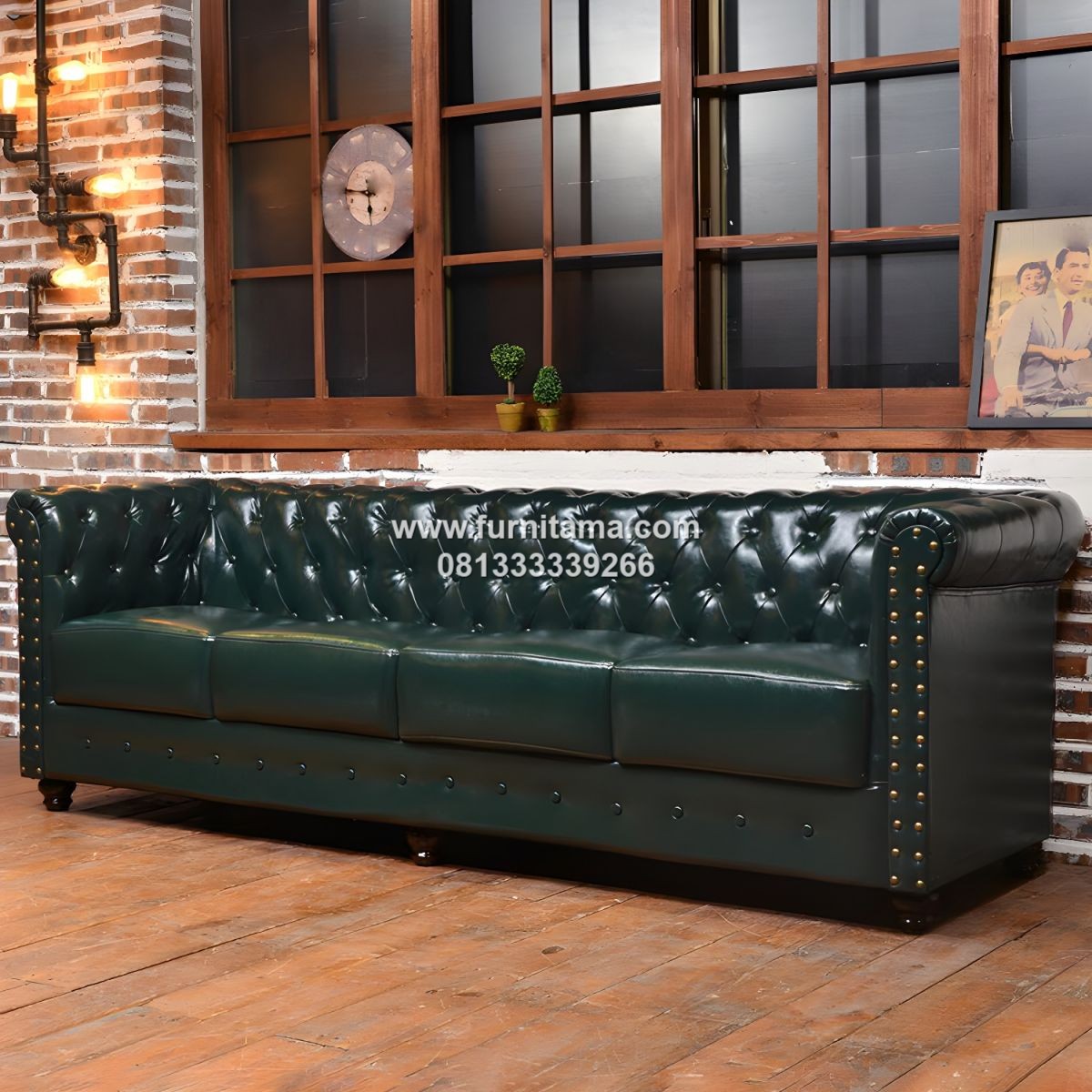 Sofa Chesterfield 3 Seater Mewah Kulit Sintetis Sofa Chesterfield 3 Seater Mewah Kulit Sintetis