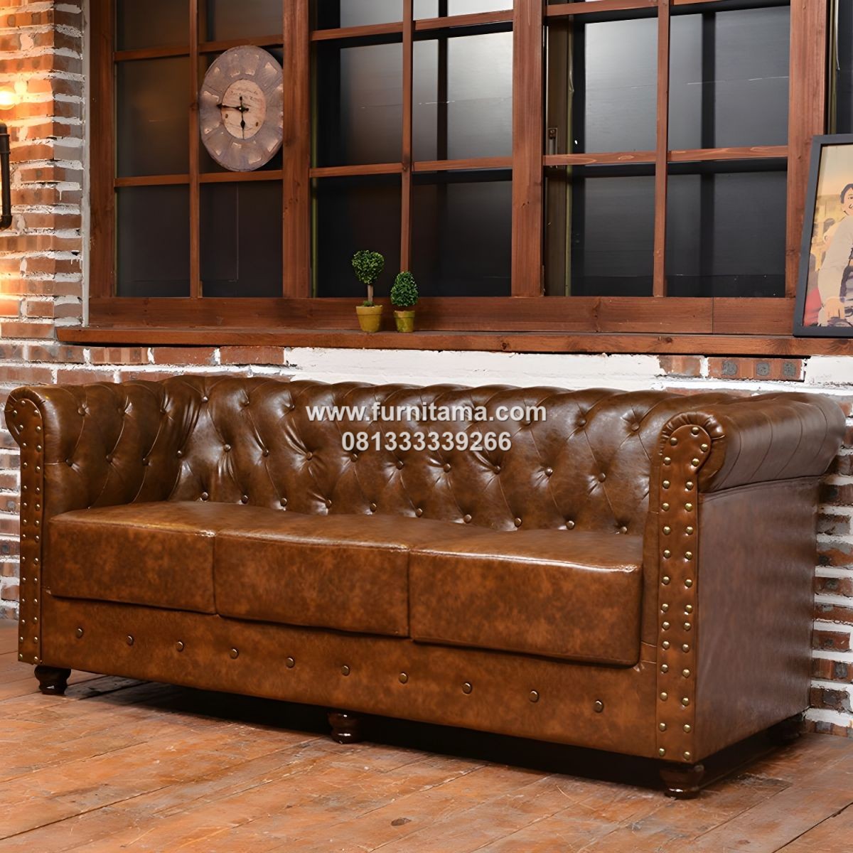 Sofa Chesterfield 3 Seater Mewah Kulit Sintetis